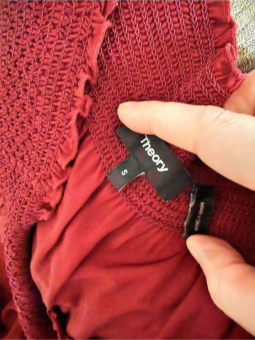 Theory Smocked Red off the shoulder 100% silk - Picture 7 of 8